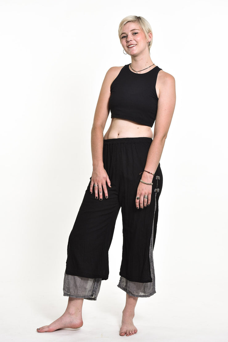 Womens Solid Color Double Layers Cropped Pants in Black