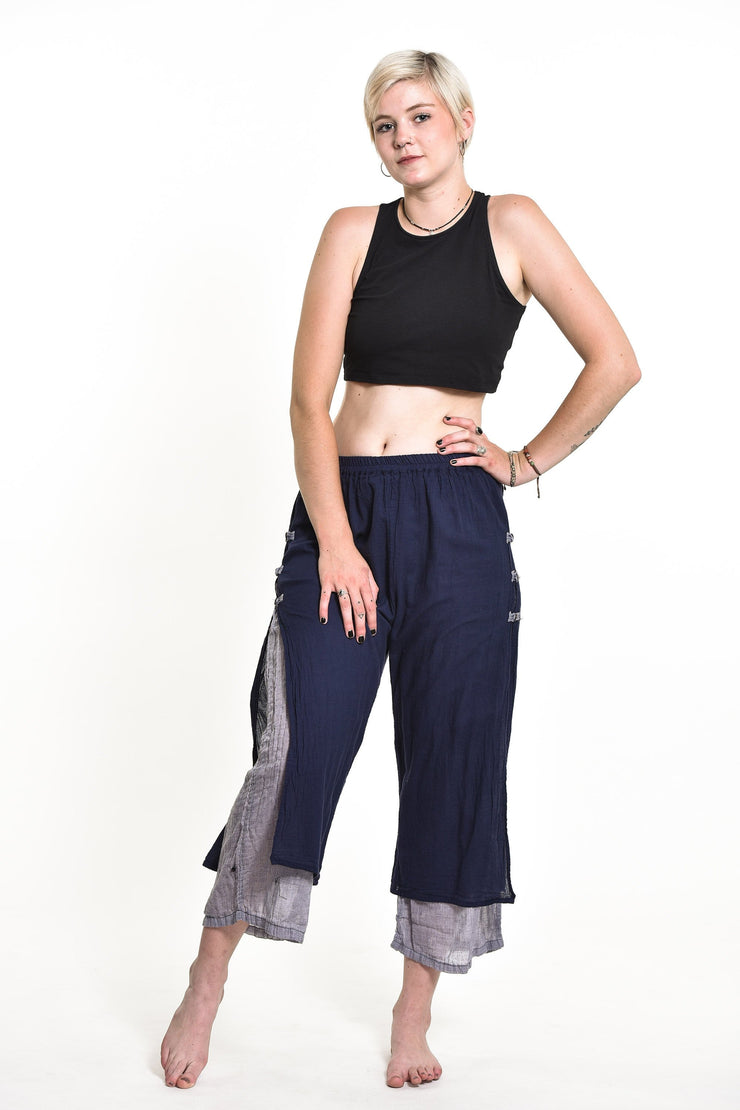 Womens Solid Color Double Layers Cropped Pants in Navy