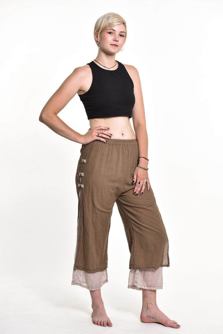 Womens Solid Color Double Layers Cropped Pants in Brown