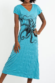 Womens Octopus V Neck Long Dress in Turquoise