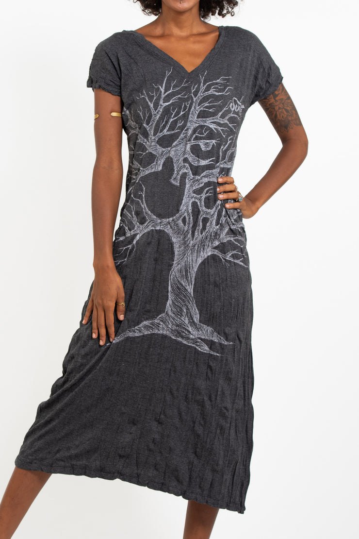 Womens Om Tree V Neck Long Dress in Silver on Black