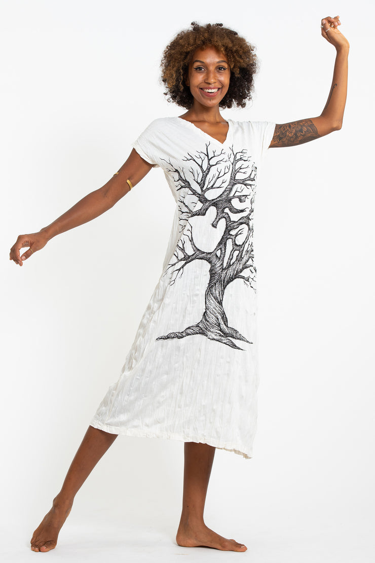 Womens Om Tree V Neck Long Dress in White
