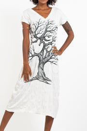 Womens Om Tree V Neck Long Dress in White