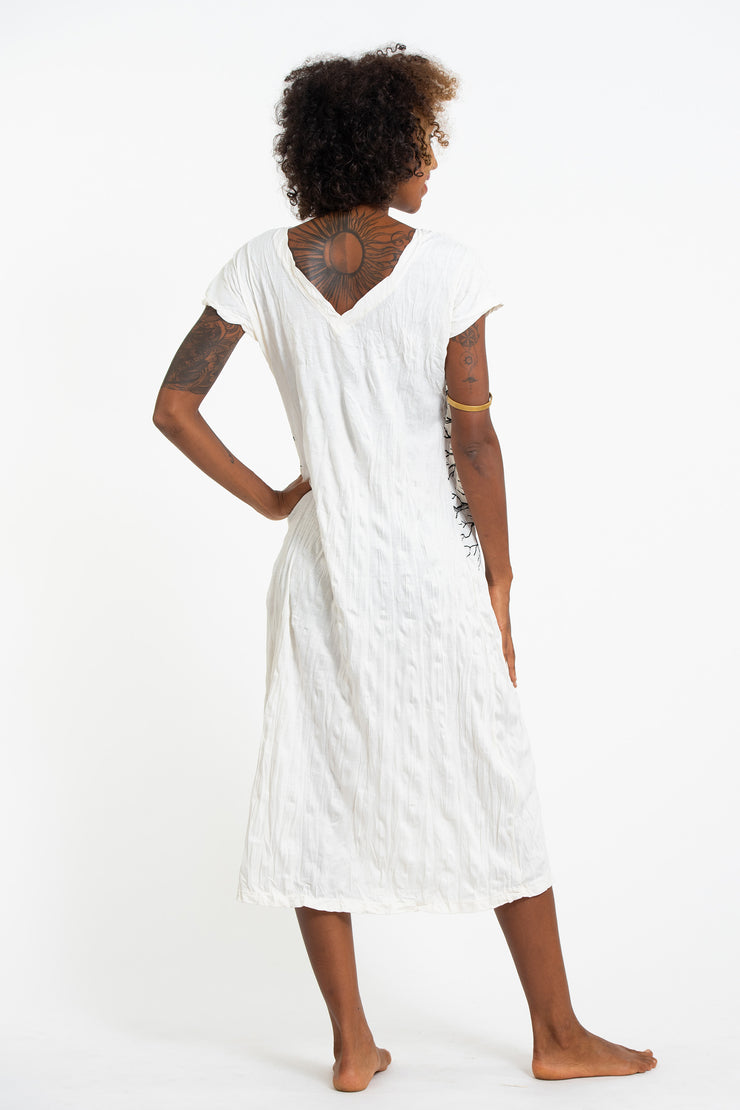 Womens Sacred Geometry Mandala V Neck Long Dress in White