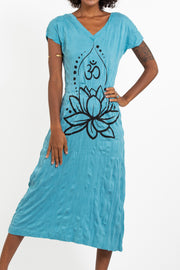 Womens Lotus Om V Neck Long Dress in Turquoise