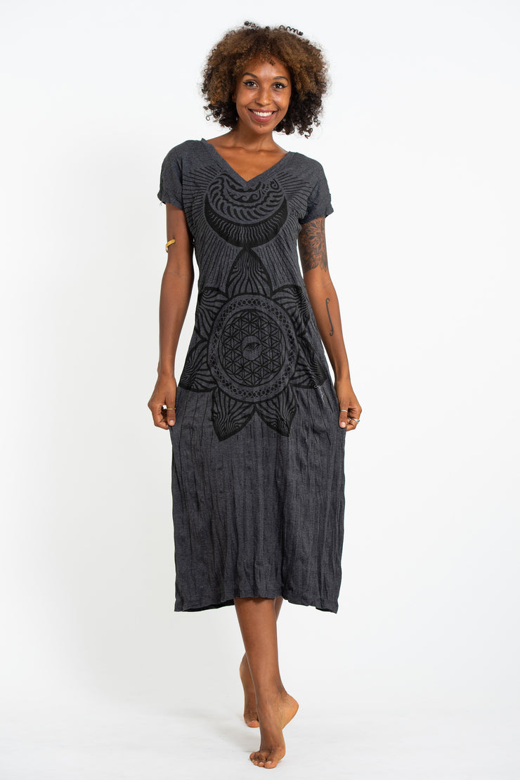 Womens Sacred Geometry Mandala V Neck Long Dress in Black