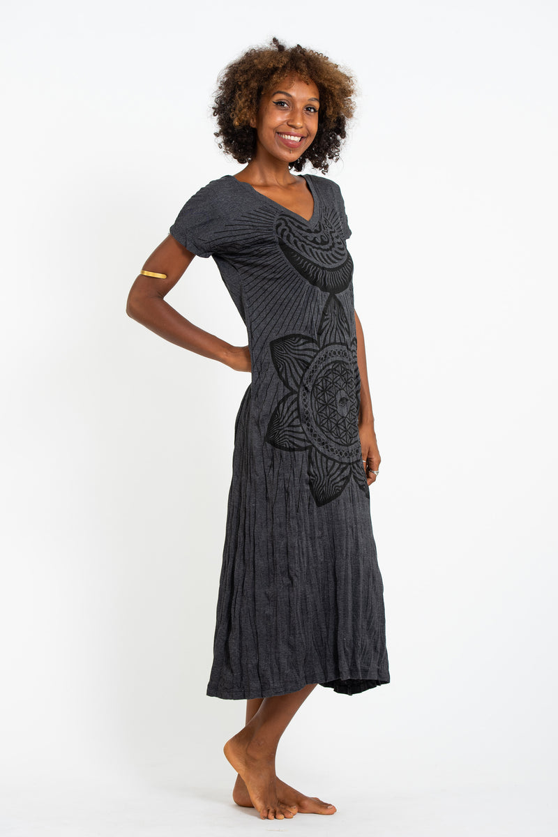 Sure Design Womens Sacred Geometry Mandala V Neck Long Dress in Black