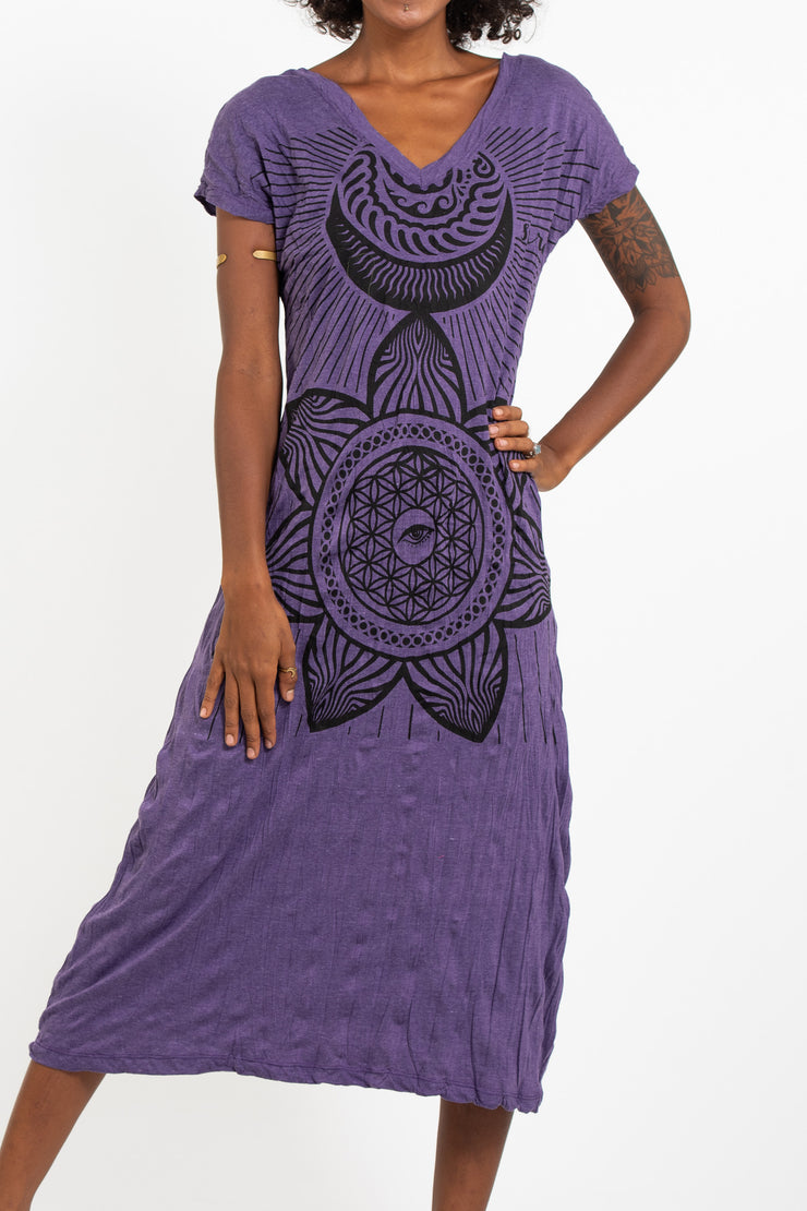 Womens Sacred Geometry Mandala V Neck Long Dress in Purple