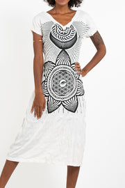 Womens Sacred Geometry Mandala V Neck Long Dress in White