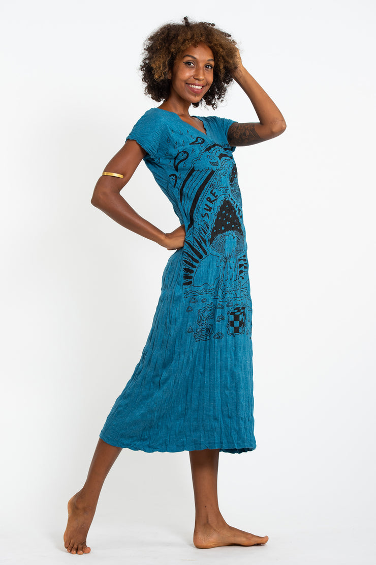 Womens Magic Mushroom V Neck Long Dress in Denim Blue