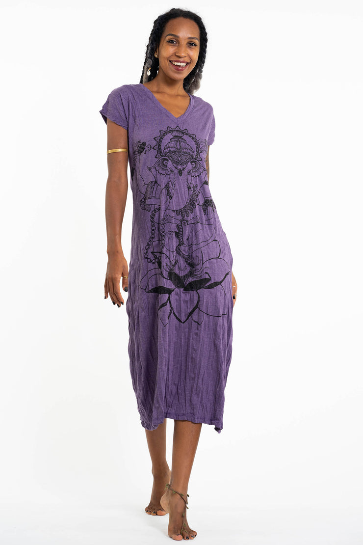 Womens Lord Ganesh V Neck Long Dress in Purple