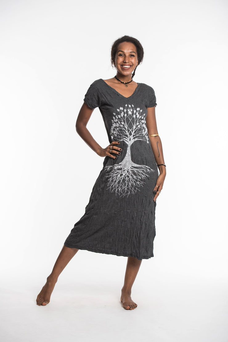Womens Tree of Life V Neck Long Dress in Silver on Black