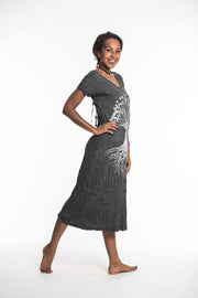 Womens Tree of Life V Neck Long Dress in Silver on Black