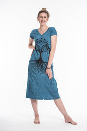 Womens Tree of Life V Neck Long Dress in Denim Blue