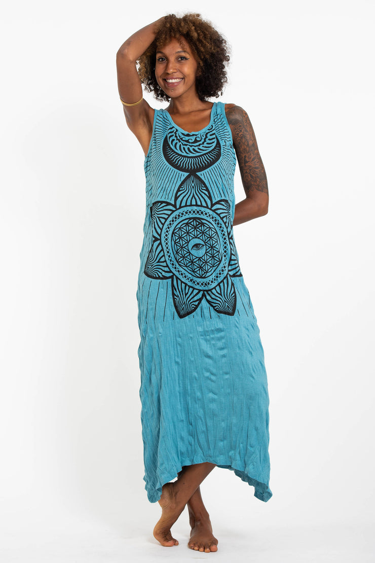Womens Sacred Geometry Mandala Long Tank Dress in Turquoise