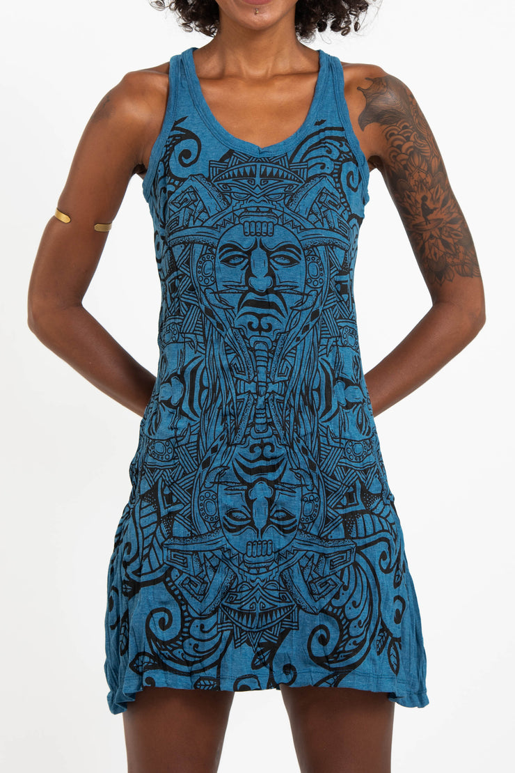 Womens Tribal Masks Tank Dress in Denim Blue