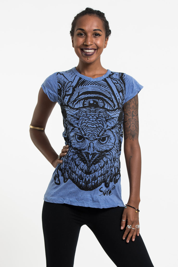 Womens All Seeing Owl T-Shirt in Blue