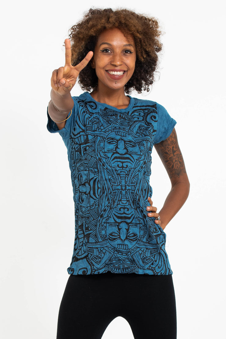 Womens Tribal Masks T-Shirt in Denim Blue