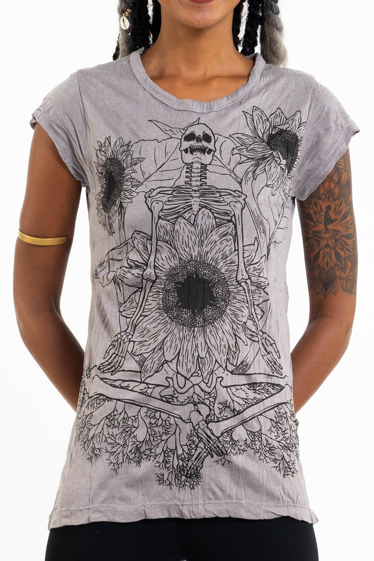 Womens Sunflower Skull T-Shirt in Gray