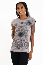 Womens Sunflower Skull T-Shirt in Gray