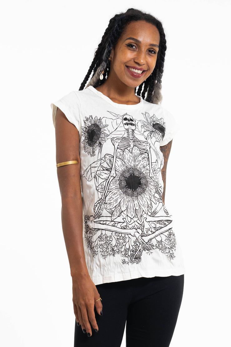 Womens Sunflower Skull T-Shirt in White