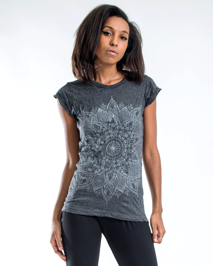 Womens Lotus Mandala T-Shirt in Silver On Black