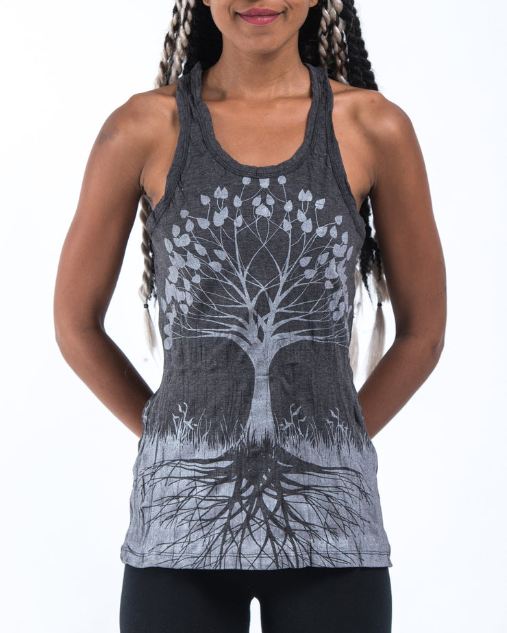 Womens Tree of Life Tank Top in Silver on Black