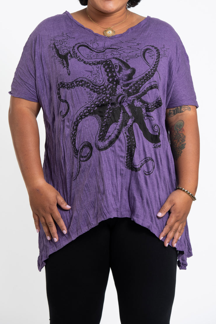 Womens Octopus Loose V Neck T-Shirt in Purple
