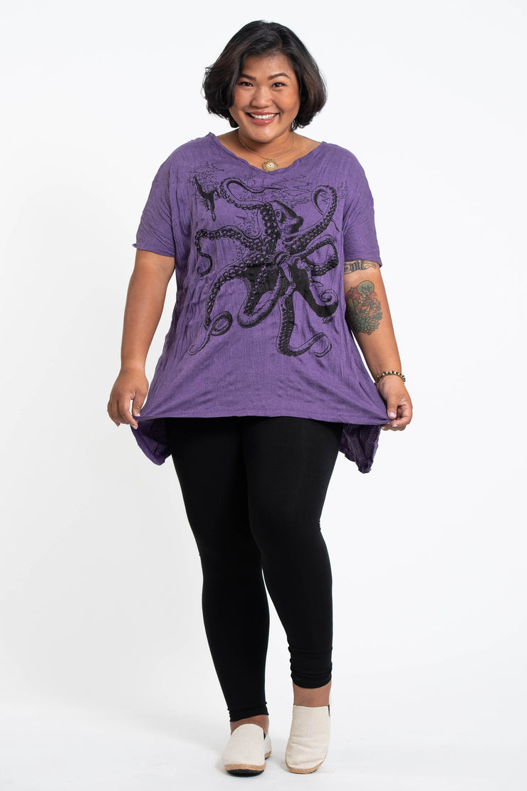 Womens Octopus Loose V Neck T-Shirt in Purple