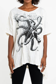Womens Octopus Loose V Neck T-Shirt in White