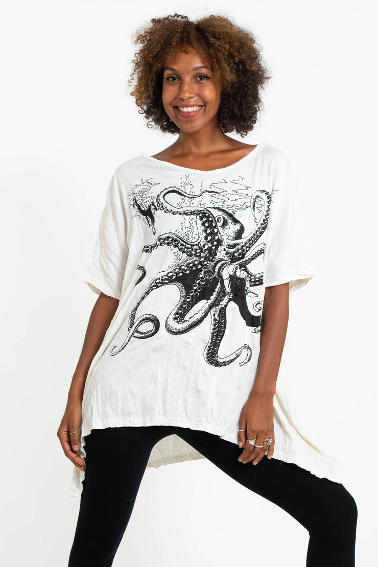 Womens Octopus Loose V Neck T-Shirt in White