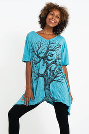 Womens Om Tree Loose V Neck T-Shirt in Turquoise