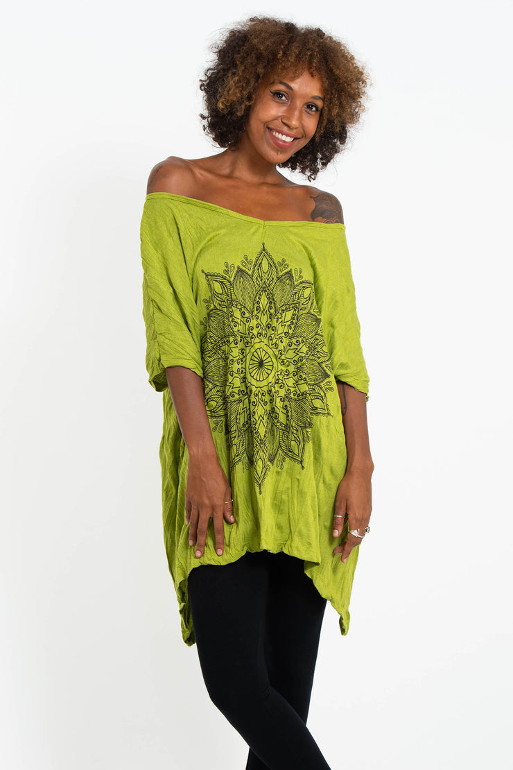 Womens Lotus Mandala Loose V Neck T-Shirt in Lime