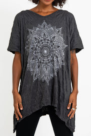 Womens Lotus Mandala Loose V Neck T-Shirt in Silver on Black