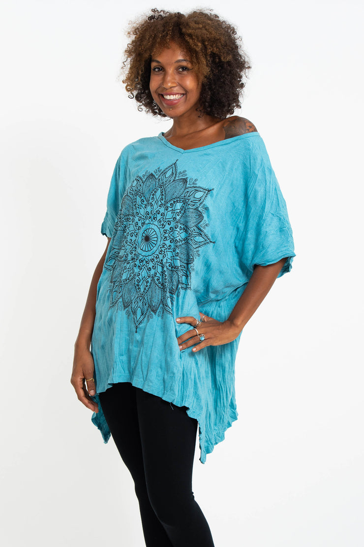 Womens Lotus Mandala Loose V Neck T-Shirt in Turquoise