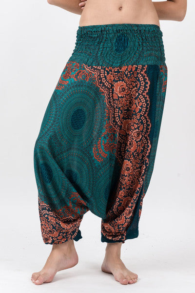Unisex Geometric Mandalas Drop Crotch Jumpsuit Harem Pants in Turquoise