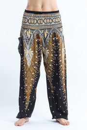 Unisex Peacock Feathers Harem Pants in Black