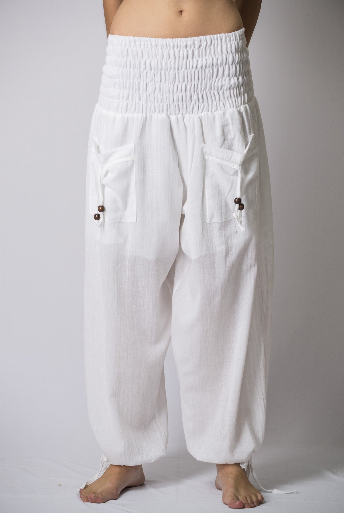 Sure Design Womens Solid Color Smocked Waist Pants in White