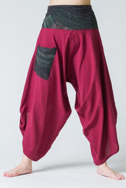 Unisex Button Up Cotton Pants with Hill Tribe Trim in Red