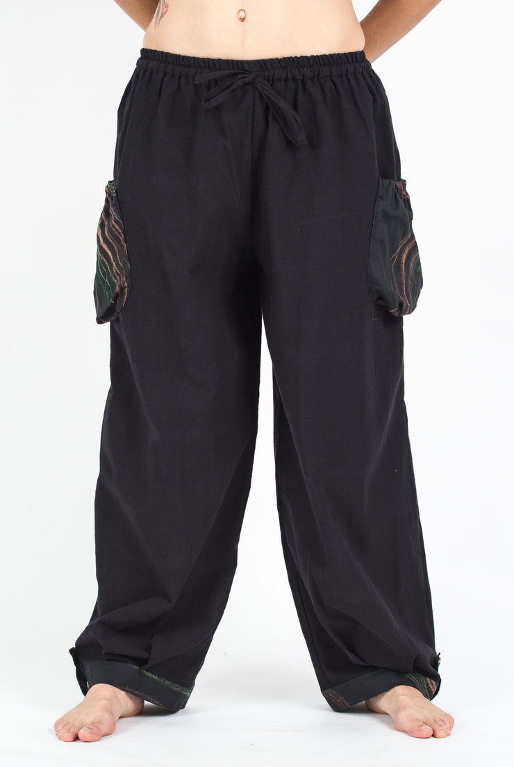 Unisex Drawstring Cotton Pants with Hill Tribe Trim in Black