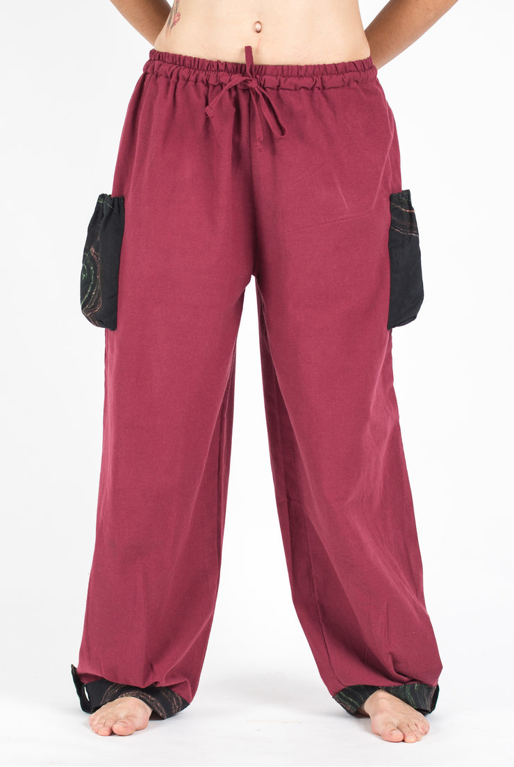 Unisex Drawstring Cotton Pants with Hill Tribe Trim in Red