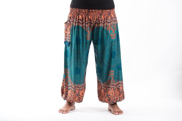 Plus Size Unisex Geometric Mandalas Harem Pants in Turquoise