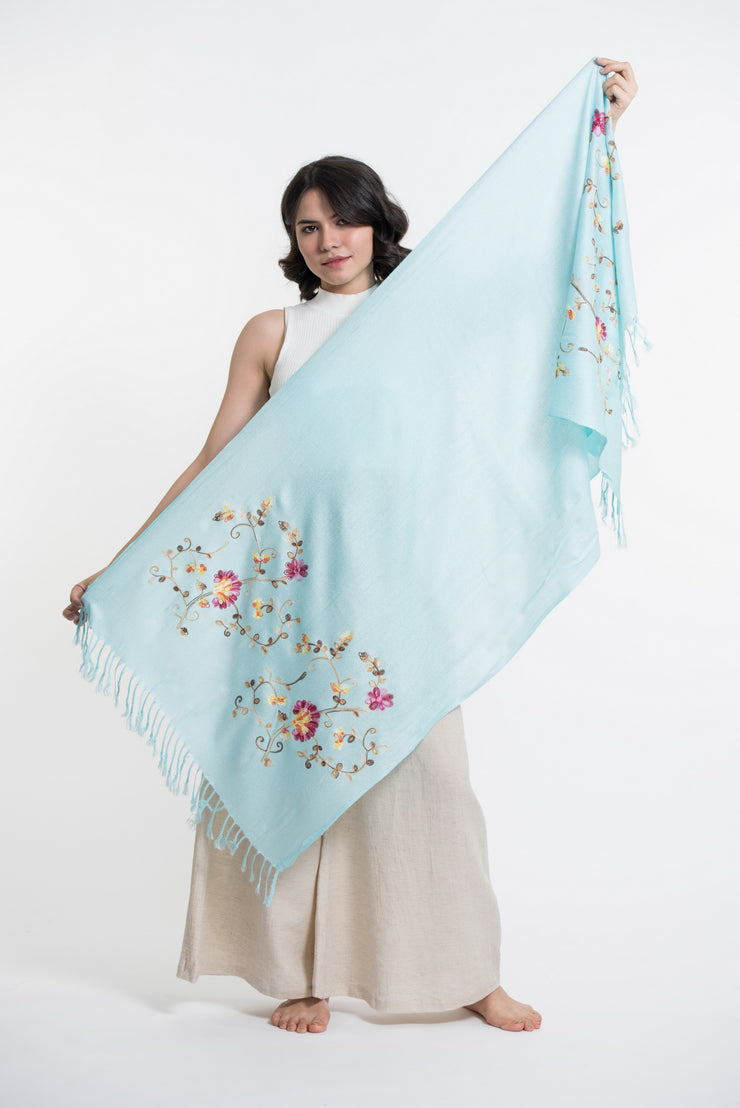Sure Design Nepal Floral Embroidered Pashmina Shawl Scarf in Blue