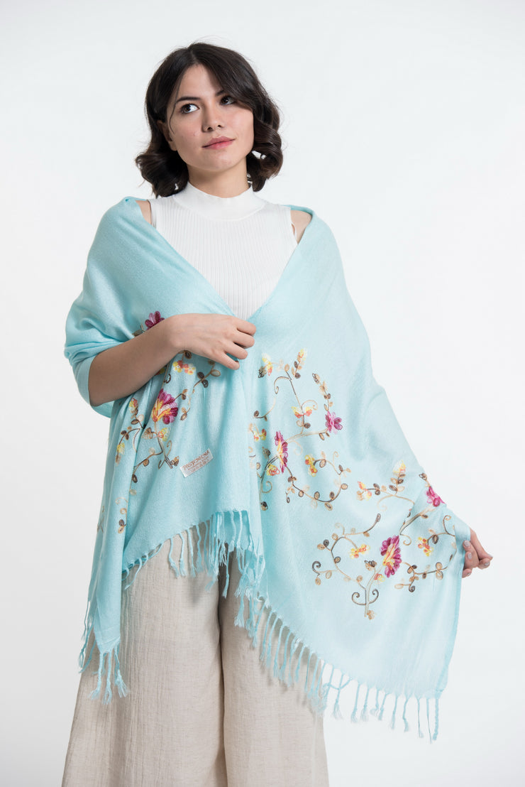 Nepal Floral Embroidered Pashmina Shawl Scarf in Blue