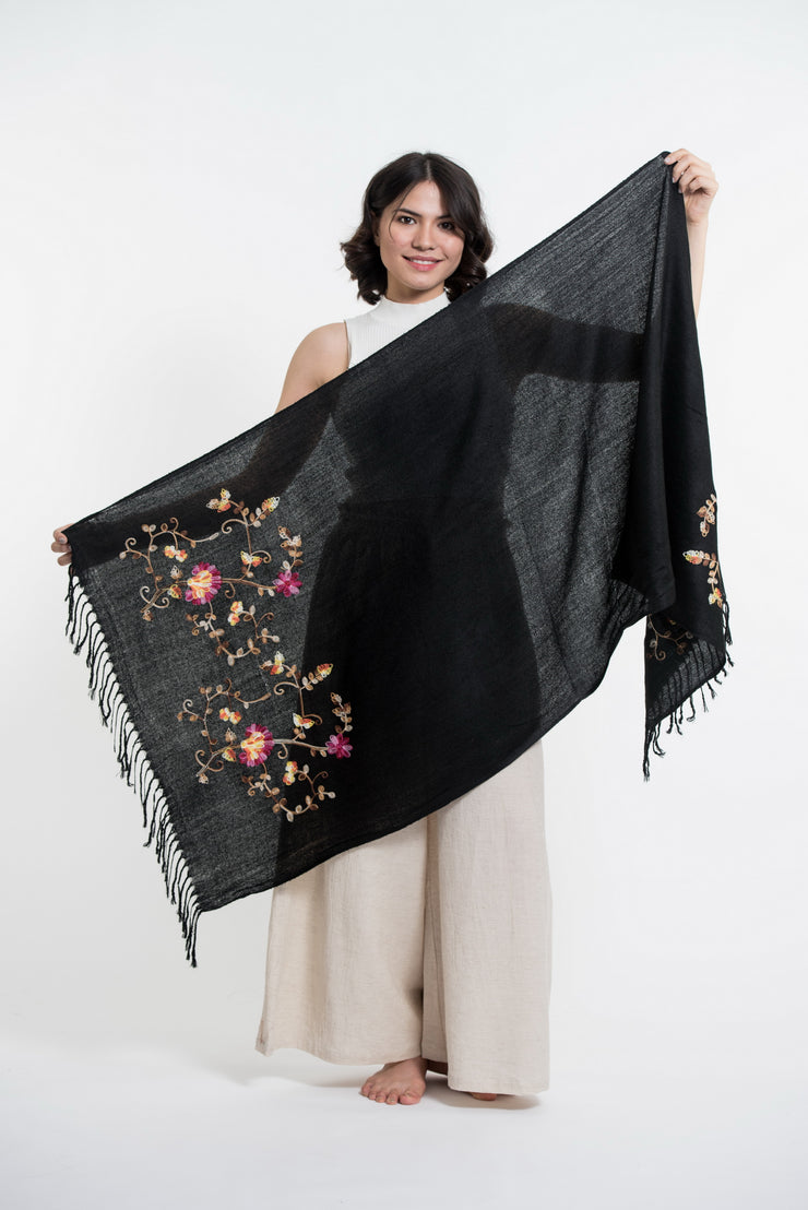 Sure Design Nepal Floral Embroidered Pashmina Shawl Scarf in Black