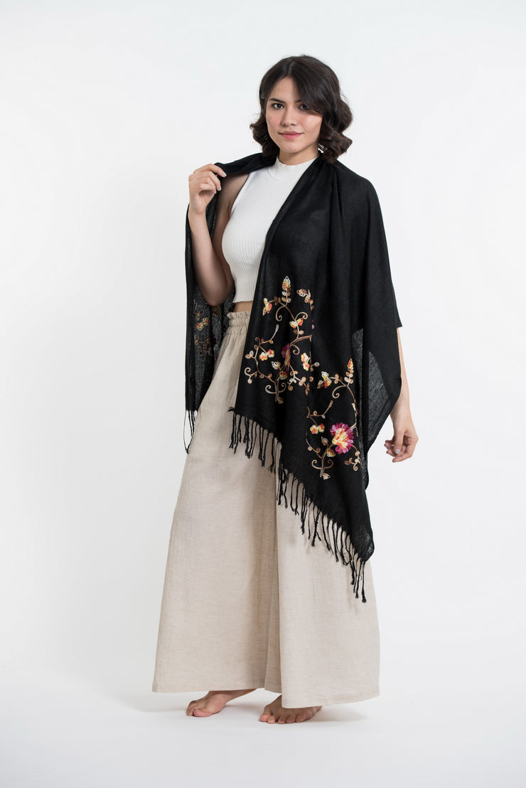Nepal Floral Embroidered Pashmina Shawl Scarf in Black