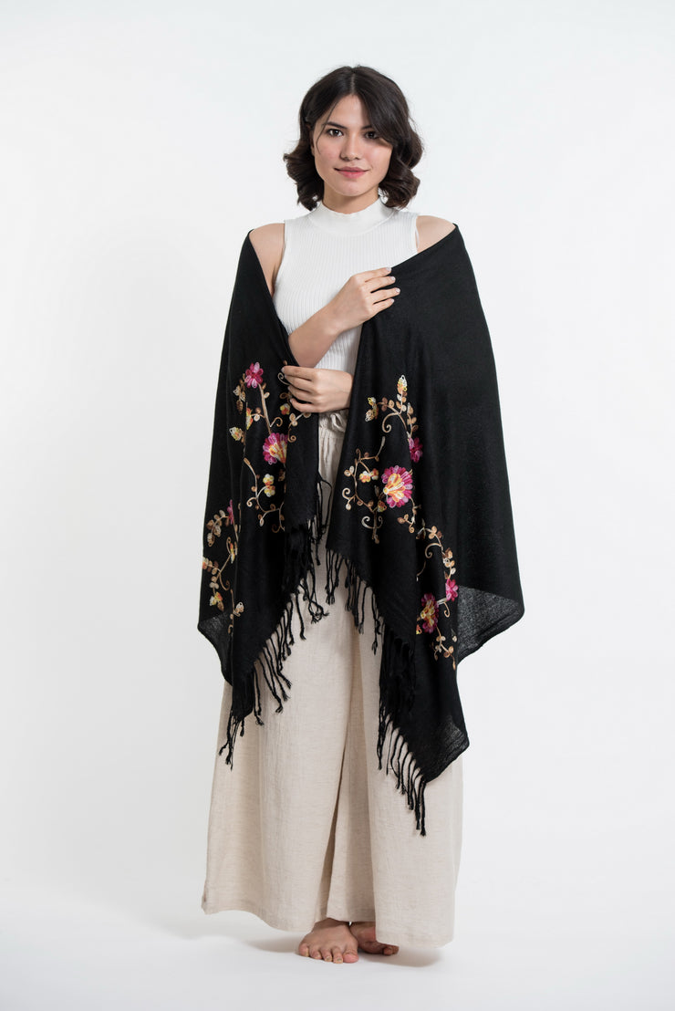 Nepal Floral Embroidered Pashmina Shawl Scarf in Black